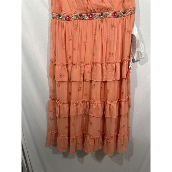 NWT Mac Duggal [ 12 ] Floral Print Ruffle Tiered Faux Wrap Dress Apricot G1693‎ - Picture 10 of 15